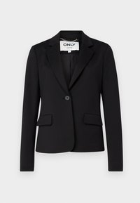 Černý dámský blazer na jedno knoflíkové zapínání s reverzním límcem a dvěma předními klopovými kapsami, vystavený na jednobarevném pozadí.
