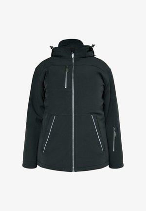 Fekete softshell dzseki magas nyakkal, cipzáras zsebekkel és fehér díszítéssel a cipzárok mentén. Kapucnival és sima felülettel rendelkezik.