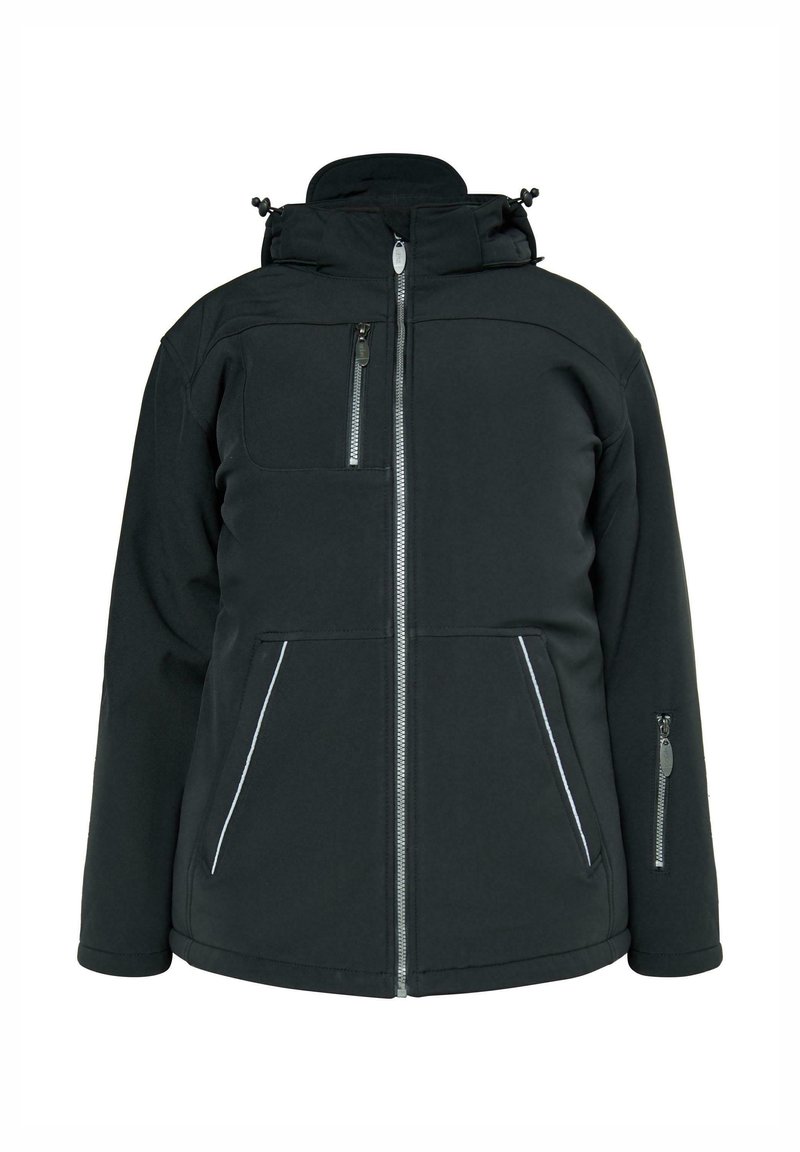 Sort softshell jakke med høj krave, lynlåsede lommer og hvide detaljer langs lynlåsene. Har en hætte og en glat tekstur.