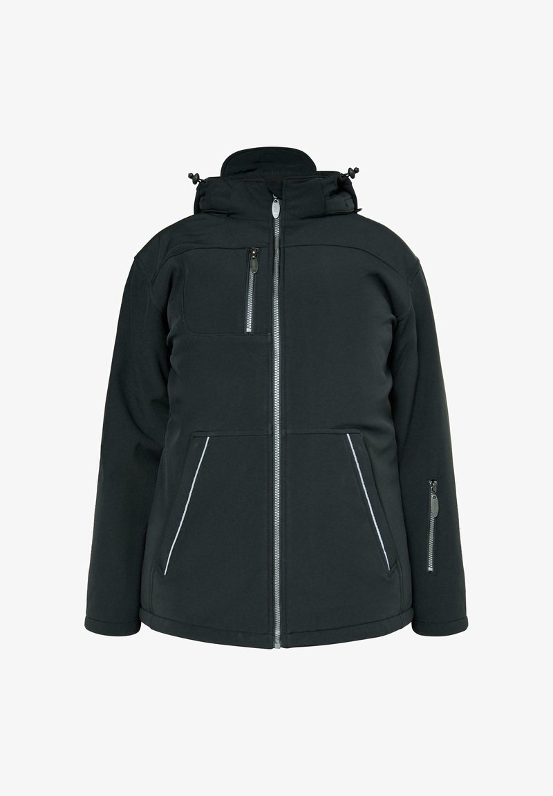 Sort softshell jakke med høj krave, lynlåsede lommer og hvide detaljer langs lynlåsene. Har en hætte og en glat tekstur.