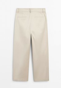 Beige straight-leg pants with belt loops and two back welt pockets, shown from the rear on a white background.