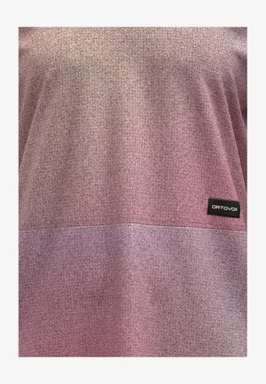 Pink and gray textured shirt with a wide neckline and a horizontal color block near the bottom. Features an Ortovox logo tag.