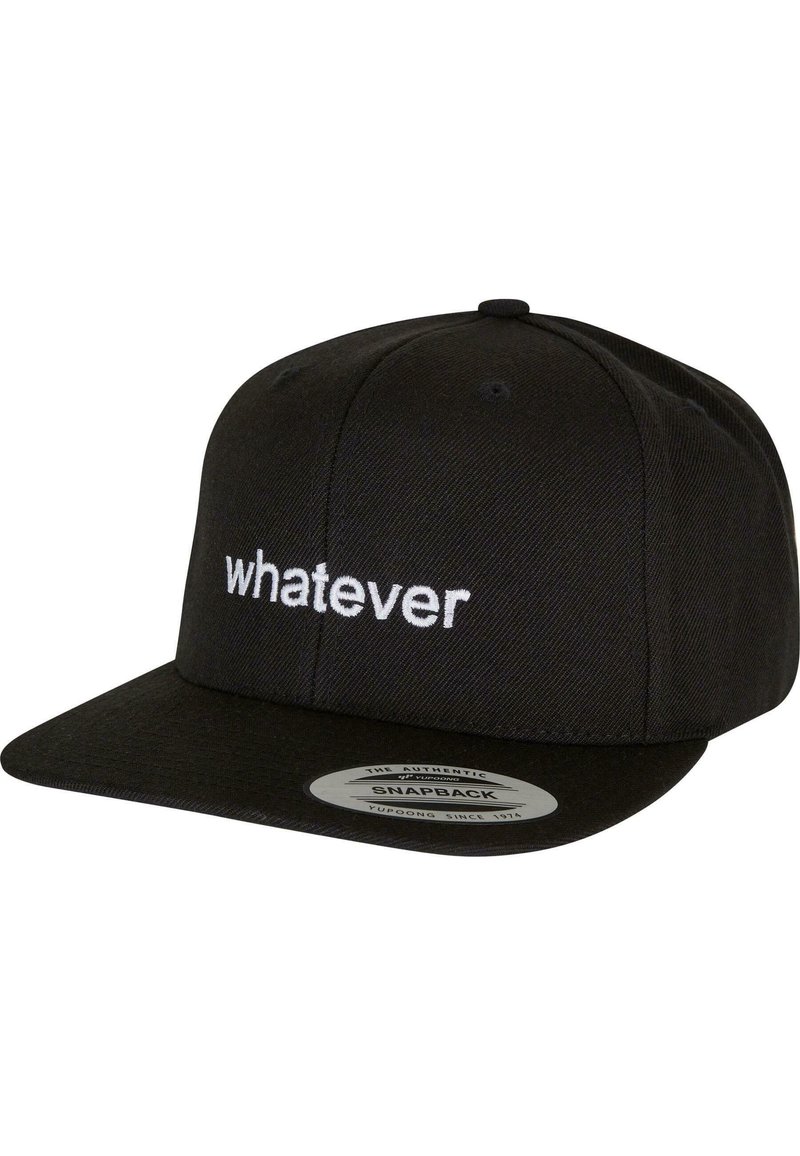Black snapback cap with a flat visor, featuring white embroidered text "whatever" on the front. Made of textured fabric with a structured design.