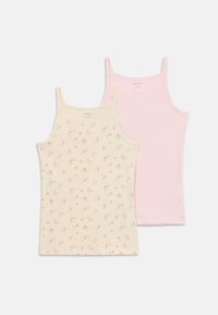Two women’s tank tops: one cream with small floral print, the other solid pink. Both feature thin spaghetti straps and a soft texture.