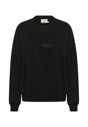 Sweatshirt noir avec col rond, manches longues et poignets côtelés. Présente un motif de nœud scintillant composé de petits embellissements sur le devant.