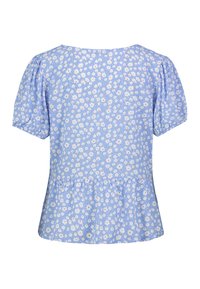 Hellbluse mit floralem Muster aus weißen und rosa Blumen, kurzen Puffärmeln und einem Peplum-Saum. Aus Baumwollmaterial.