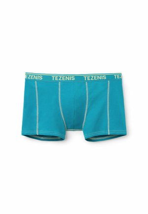 Türkise Boxershorts aus Baumwolle mit einem kontrastierenden gelben Bund, der mit dem "TEZENIS"-Logo versehen ist. Flachnähte und ohne Muster.