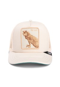 Beige trucker hat with mesh back, featuring an embroidered dinosaur graphic and "far out" text on a square patch in neutral tones.