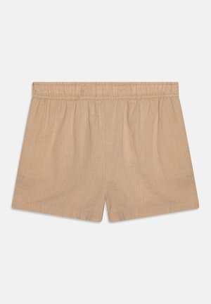 Beige linen shorts with an elastic waistband. Features a relaxed fit and soft texture. Hemmed edges with no additional accents or patterns.
