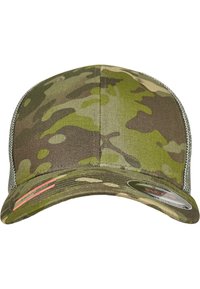 Kamerabut med camo design laget av stoff med en strukturert form. Har en buet skjerm og mesh bak, hovedsakelig i grønne og brune toner.