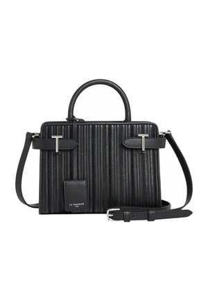 Black textured leather handbag with short handle and detachable adjustable shoulder strap, silver buckle details, and a small branded tag.