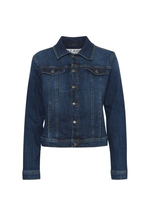 Tumši zils denima jaka ar klasisku apkakli, priekšējiem pogām un divām krūšu kabatām. Tekstūrēta auduma ar nedaudz nolietotu izskatu.