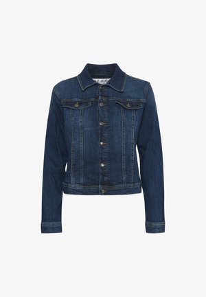 Chaqueta de mezclilla azul oscuro, con un cuello clásico, botones en la parte delantera y dos bolsillos en el pecho. Tejido texturizado con un aspecto ligeramente desgastado.