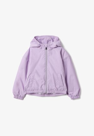 Veste à capuche violet clair avec fermeture éclair à l'avant, poignets et ourlet élastiques, et deux poches latérales sur fond blanc.