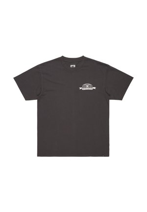 Donkergrijze katoenen t-shirt met korte mouwen, voorzien van een klein wit globe-logo en de tekst "WORLDWIDE" op de bovenste linkerkant van de borst.