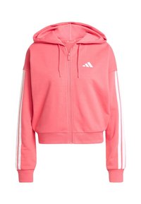 Rosa zip-up hettegenser laget av myk stoff, med hette, hvite detaljer på ermene, og en liten hvit logo på brystet.