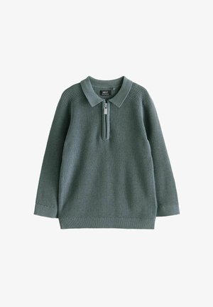 Maglione a maglia verde chiaro con colletto a mezza zip e maniche lunghe. Presenta una texture a coste sul colletto e sui polsini. Etichetta del marchio visibile all'interno.