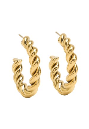 Kolczyki koła w kolorze złota o skręconym wzorze, z polerowanym wykończeniem, charakteryzujące się eleganckim designem i pewnym zapięciem na sztyft.