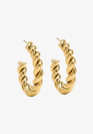 Kolczyki koła w kolorze złota o skręconym wzorze, z polerowanym wykończeniem, charakteryzujące się eleganckim designem i pewnym zapięciem na sztyft.