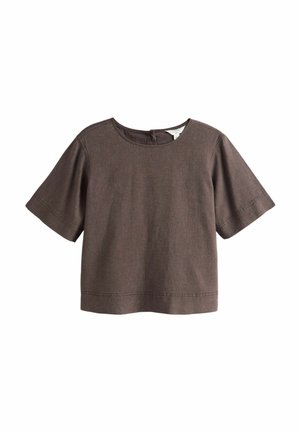 Brown short-sleeve linen blend top with round neckline and back button closure, featuring simple stitching details.