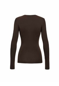 Ciemnobrązowa dopasowana koszula z długim rękawem i okrągłym dekoltem, wyświetlana z tyłu na prostym białym tle.