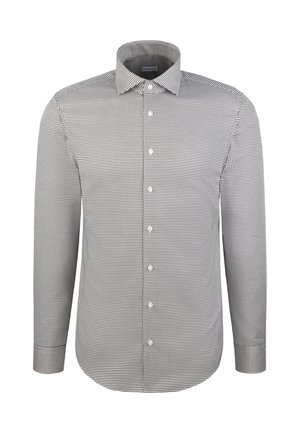 Chemise habillée pour hommes à manches longues, avec motif micro-points noir et blanc, boutonnée sur le devant, et col classique sur fond blanc.