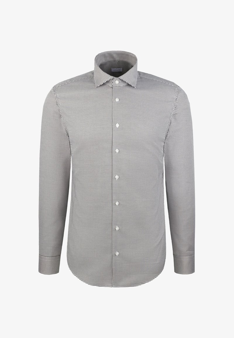 Chemise habillée pour hommes à manches longues, avec motif micro-points noir et blanc, boutonnée sur le devant, et col classique sur fond blanc.