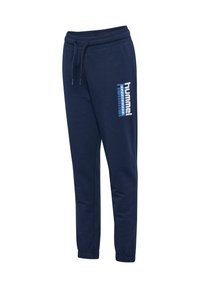 Marineblå sportsweatpants med elastisk midjebånd, snor, mansjetter ved anklene og hvit "hummel SPORTSWEAR"-logo på venstre lår.