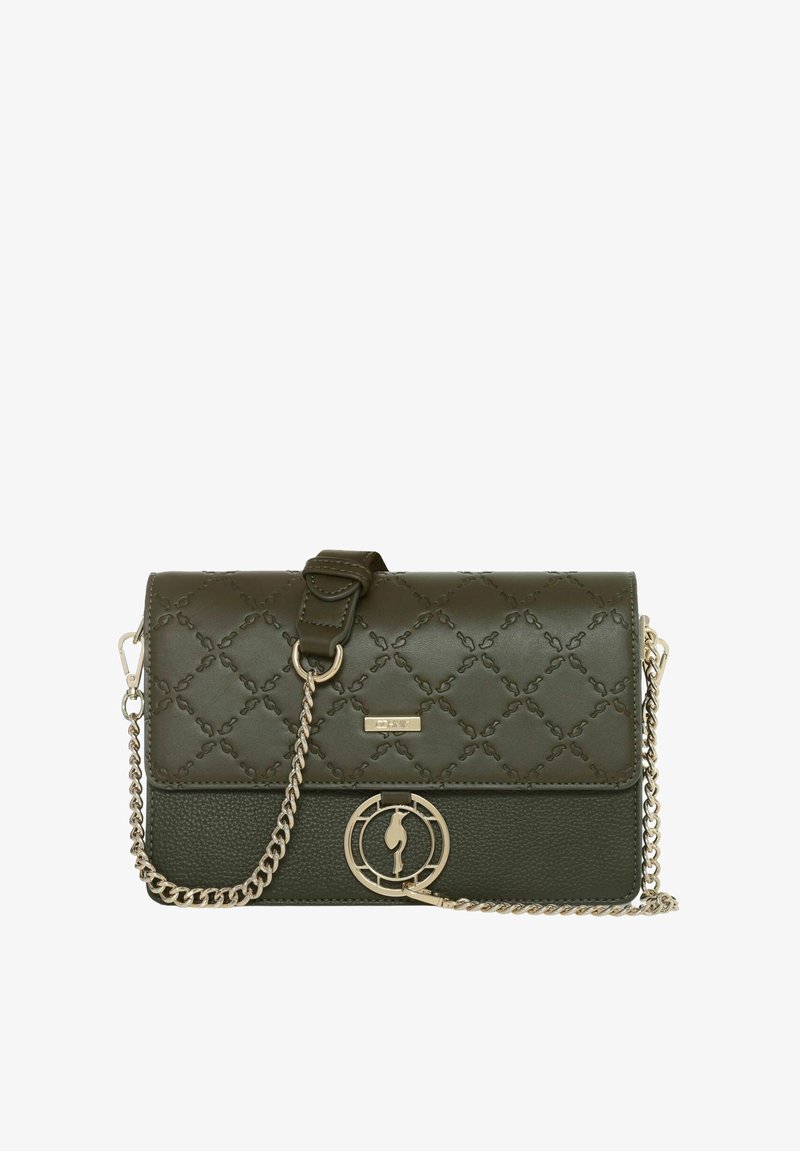 Zielona torebka crossbody z imitacji skóry, ze wzorem pikowania, srebrnym łańcuchowym paskiem oraz wyraźnym okrągłym logo na przedniej części.