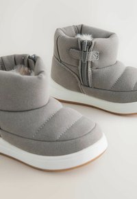Stivali ankle invernali grigi isolati con chiusura a zip, caratterizzati da un motivo trapuntato e una suola in gomma bianca con fondo marrone testurizzato.