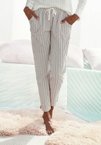 Lightweight striped pajama pants in white with black and maroon vertical lines. Features an elastic waistband with a drawstring and pockets.