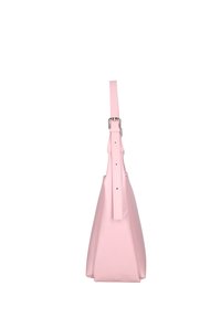 Roze leren handtas met een gestructureerde, driehoekige vorm. Verstelbare band met metalen hardware en een gematteerde afwerking. Minimalistisch ontwerp.