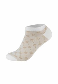 Beige ankelstrømpe med blomsterdesign, prydet med hvid kant og en glat overflade. Designet til komfort med en lavt skåret form.