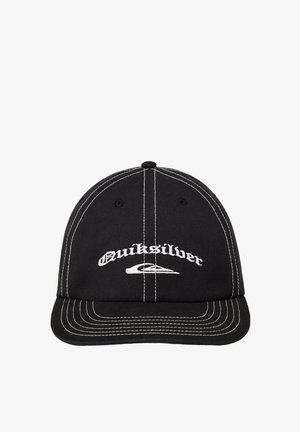 Black cotton baseball cap with a curved brim, white stitching, and front logo reading "Quiksilver" in white lettering.