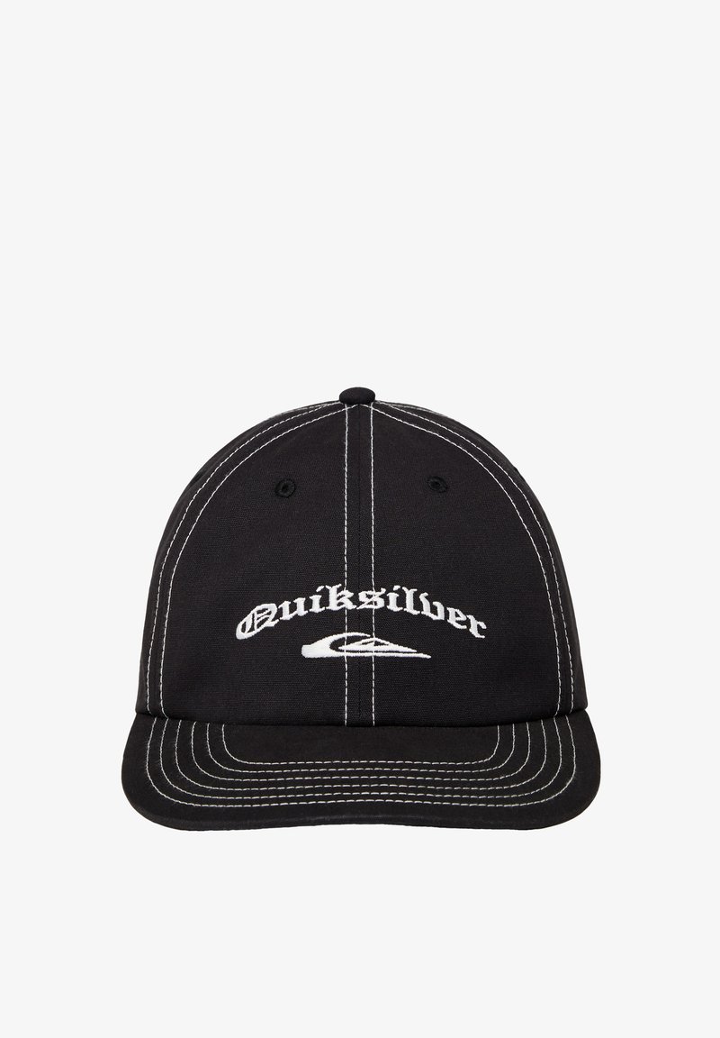 Schwarze Baumwoll-Baseballmütze mit gebogenem Schirm, weißen Nähten und einem Frontlogo mit der Aufschrift "Quiksilver" in weißer Schrift.