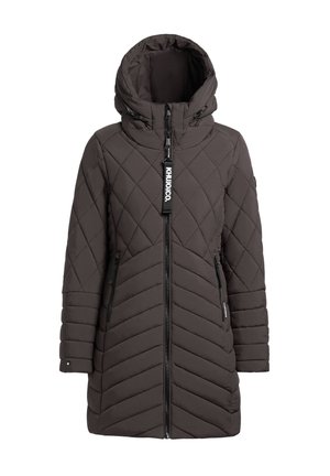 Vatteret, mørkegrå dunjakke med hætte, der har diagonale syninger, en frontlynlås og to sidelommer med lynlåse.