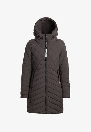 Vatteret, mørkegrå dunjakke med hætte, der har diagonale syninger, en frontlynlås og to sidelommer med lynlåse.