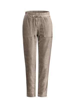 Pantaloni in corduroy color taupe con vita elastica e lacci, dotati di due grandi tasche a toppa frontali.