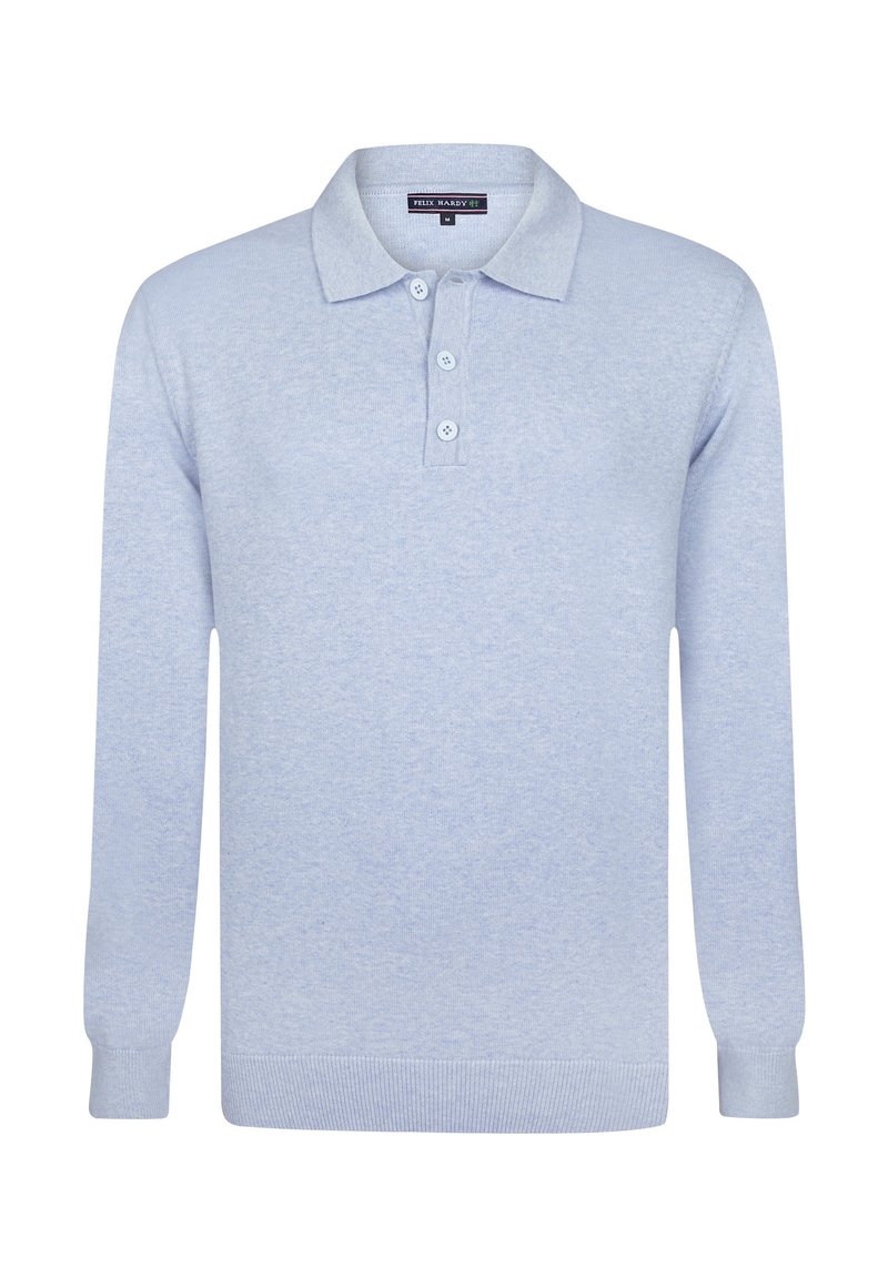Jasnoniebieska longsleeve polo z kołnierzykiem, trzema guzikami oraz ściągaczami na rękawach i u dołu. Wykonana z miękkiej, teksturowanej tkaniny.