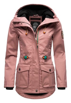 Parka rose à capuche pour femme avec doublure polaire noire, fermeture éclair devant, poches à boutons-pression et cordons réglables avec perles orange et vertes.