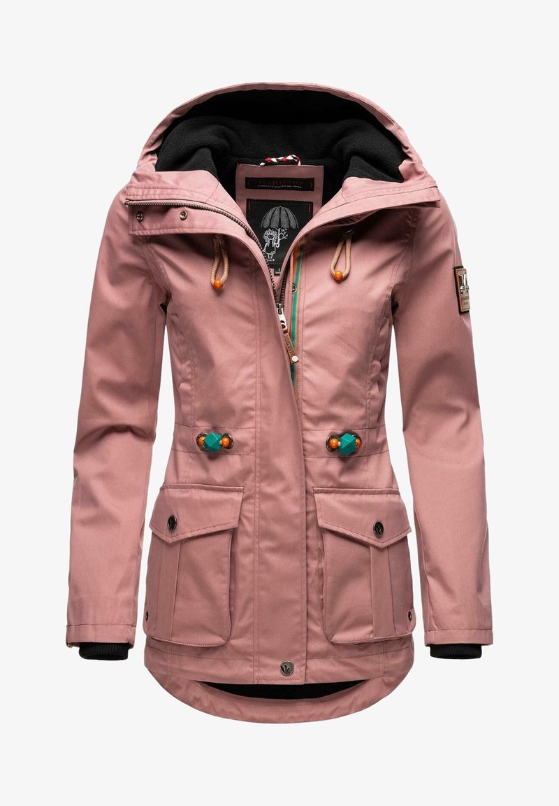 Parka rose à capuche pour femme avec doublure polaire noire, fermeture éclair devant, poches à boutons-pression et cordons réglables avec perles orange et vertes.