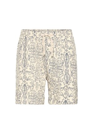 Short beige avec taille élastique et cordon, présentant un motif floral et tourbillonnant complexe bleu foncé sur toute la surface.