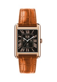 Orologio rettangolare con cassa in rosso oro e quadrante nero. Cinturino in pelle a motivo coccodrillo marrone. Numeri romani alle 12, 3, 6 e 9.