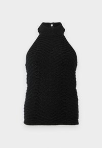 Svart strikket ermeles turtleneck-top med chevron-mønster og subtil glans, liggende flatt på en hvit bakgrunn.