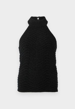 Svart strikket ermeles turtleneck-top med chevron-mønster og subtil glans, liggende flatt på en hvit bakgrunn.
