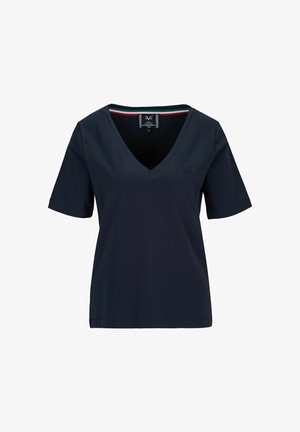 Navyblauwe V-hals t-shirt met korte mouwen, gemaakt van gladde katoen stof. Heeft een klein geperst logo op de linkerborst.