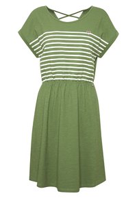 Grünes Kleid mit einem horizontal gestreiften weißen Oberteil, kurzen Ärmeln und einer gerafften Taille. Mit einem Kreuzrücken und einem kleinen Herzen-Emblem.