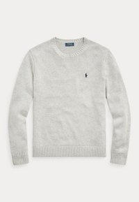 Pull gris clair à manches longues col rond avec poignets et ourlet côtelés, présentant un petit logo Polo Ralph Lauren bleu marine sur la poitrine.