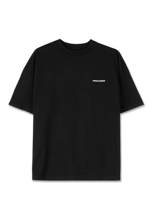 Black cotton t-shirt with short sleeves, round neckline, and a small white "PEGADOR" text logo on the chest. Smooth texture, loose fit.