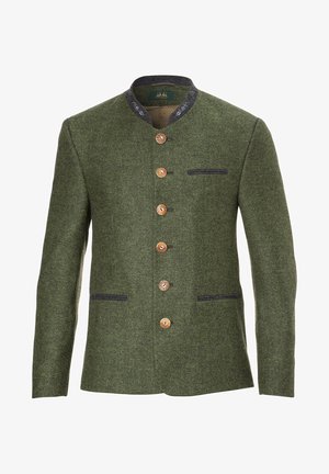 Grüner Wollblazer mit Fischgrätenmuster, runder Kragen, sechs Holzknöpfen und zwei seitlichen Taschen mit blauen Akzenten.